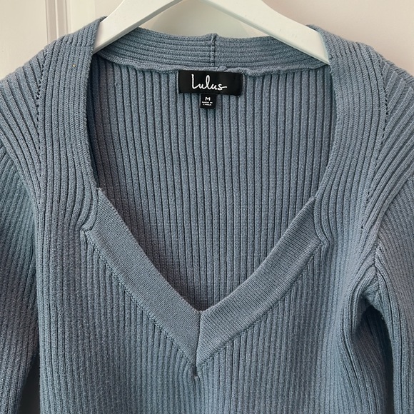 Lulus Blue Deep V Ribbed Sweater - Picture 2 of 3